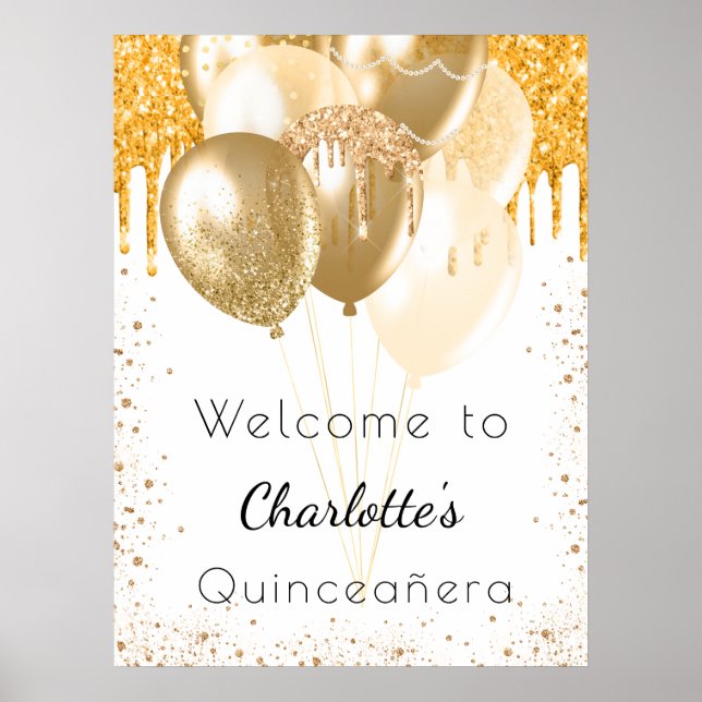 Quinceanera white gold glitter balloons welcome poster (Front)