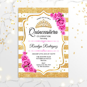 Quinceanera - White Gold Pastel Pink Invitation