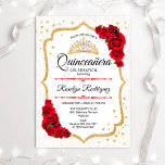 Quinceanera - White Gold Red Roses Invitation<br><div class="desc">Quinceanera Party Invitation. Elegant design in white,  red and gold. Features script font,  red roses,  tiara and confetti. Classy design with faux glitter gold foil. Perfect for a stylish glam celebration.</div>