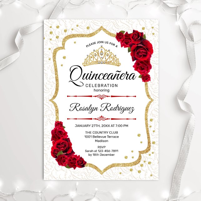 Quinceanera - White Gold Red Roses Invitation