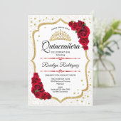 Quinceanera - White Gold Red Roses Invitation (Standing Front)