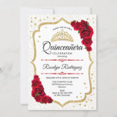 Quinceanera - White Gold Red Roses Invitation (Front)