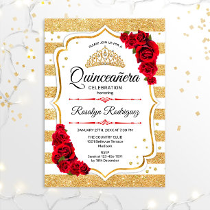 Quinceanera - White Gold Stripes Red Invitation