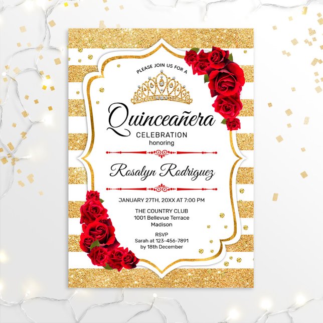 Quinceanera - White Gold Stripes Red Invitation (Creator Uploaded)