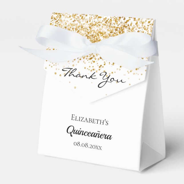 Quinceanera white gold thank you  favour box (Front Side)