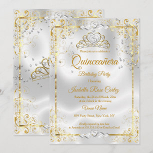 Quinceanera White Gold Tiara Diamond Hearts Invitation