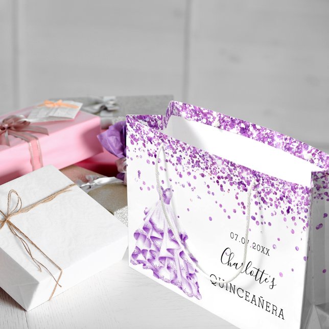 Quinceanera white purple glitter dust dress name large gift bag (Creator Uploaded)
