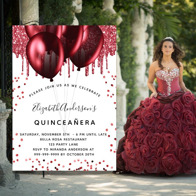Quinceanera white red balloons luxury invitation (Creator Uploaded)