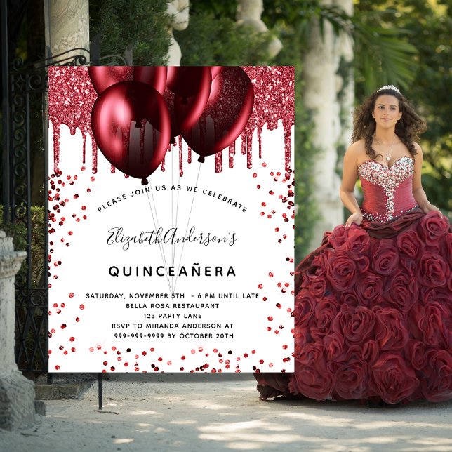 Quinceanera white red glitter budget invitation flyer (Creator Uploaded)