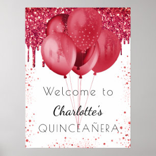 Quinceanera white red glitter welcome balloons poster