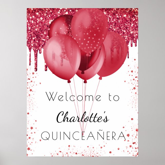 Quinceanera white red glitter welcome balloons poster (Front)