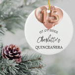 Quinceanera white rose gold balloons name ceramic tree decoration<br><div class="desc">An ornament for a girly and glamourous Quinceanera,  15th birthday . A white background with rose gold balloons. Personalise and add a date,  and name.</div>