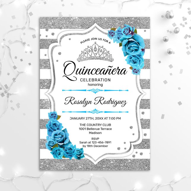 Quinceanera - White Silver Stripes Blue Invitation (Creator Uploaded)