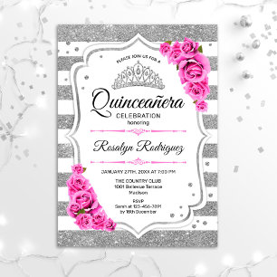 Quinceanera - White Silver Stripes Pink Invitation