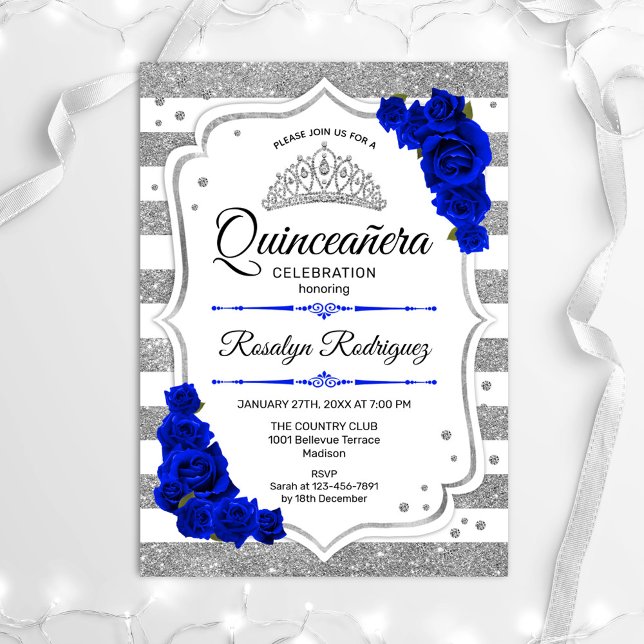 Quinceanera - White Silver Stripes Royal Blue Invitation (Creator Uploaded)