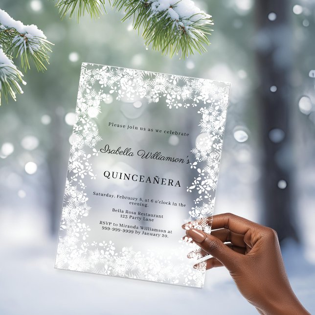 Quinceanera white snowflakes winter party frosted acrylic invitations (Creator Uploaded)