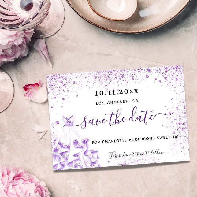 Quinceanera white violet dress sparkles save the date (Creator Uploaded)