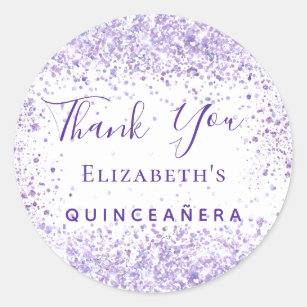 Quinceanera white violet glitter name thank you classic round sticker