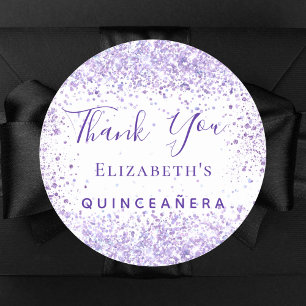 Quinceanera white violet glitter name thank you classic round sticker