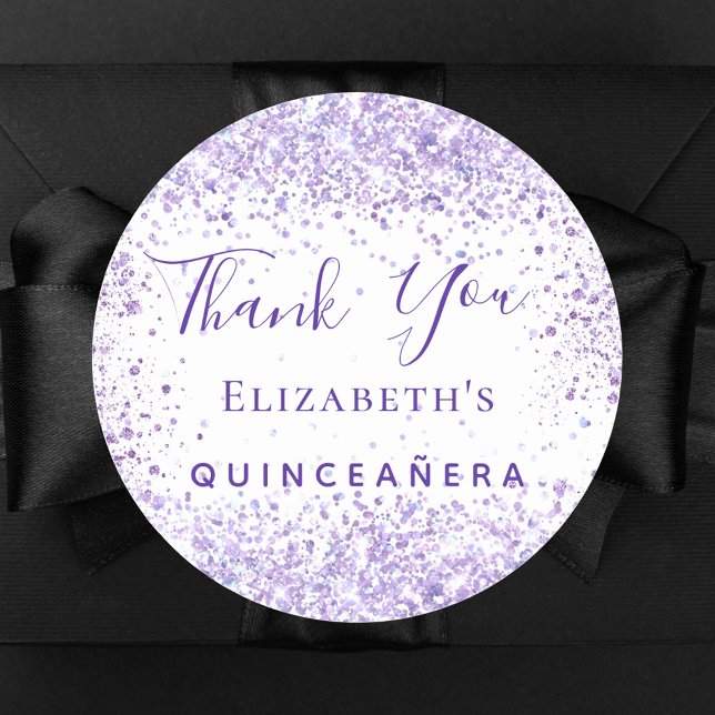Quinceanera white violet glitter name thank you classic round sticker (Creator Uploaded)