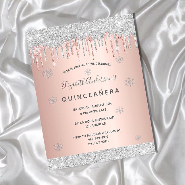 Quinceanera winter silver glitter pink invitation postcard (Creator Uploaded)