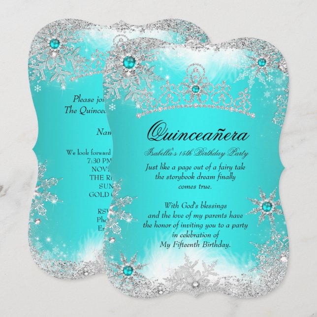 Quinceanera Winter Wonderland Aqua White Snow Invitation (Front/Back)