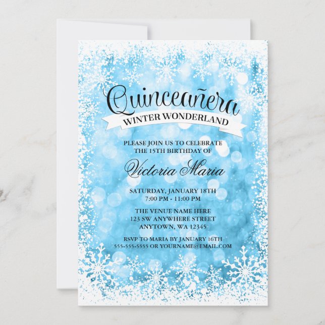 Quinceanera Winter Wonderland Blue Sparkle Invitation (Front)
