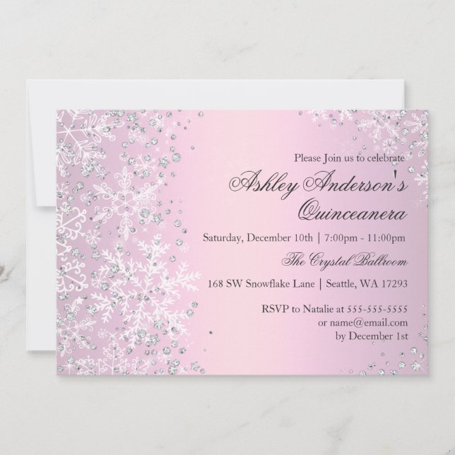 Quinceanera Winter Wonderland Pink Snowflakes Invitation (Front)