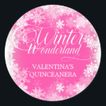 QUINCEANERA Winter Wonderland Snowflake Favour Classic Round Sticker<br><div class="desc">Elegant winter wonderland Quinceanera invitation features beautiful calligraphy surrounded by a lush snowflake and snow border. The snowflakes pop against the pretty pink background. You can actually change the background colour to any colour. Winter Wonderland can't be changed, but all of the remaining text can be edited. This item is...</div>