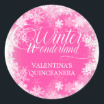 QUINCEANERA Winter Wonderland Snowflake Favour Classic Round Sticker<br><div class="desc">Elegant winter wonderland Quinceanera invitation features beautiful calligraphy surrounded by a lush snowflake and snow border. The snowflakes pop against the pretty pink background. You can actually change the background colour to any colour. Winter Wonderland can't be changed, but all of the remaining text can be edited. This item is...</div>