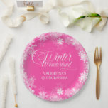 Quinceanera Winter Wonderland Snowflake Pink Paper Plate<br><div class="desc">Elegant winter wonderland Quinceanera paper plates feature beautiful calligraphy surrounded by a lush snowflake and snow border. The snowflakes pop against the pink background. You can actually change the background colour to any colour. Winter Wonderland can't be changed, but all of the remaining text can be edited. This item is...</div>