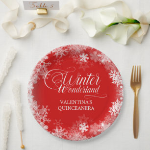 Quinceanera Winter Wonderland Snowflake Red Paper Plate