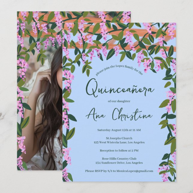 Quinceañera Wisteria Vines Floral Custom Photo  Invitation (Front/Back)