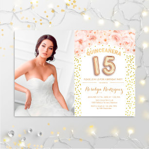 Quinceanera With Photo Gold Pink Floral Invitation