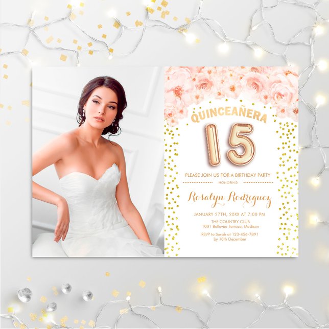 Quinceanera With Photo Gold Pink Floral Invitation (Creator Uploaded)