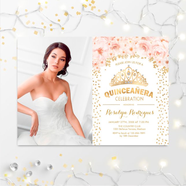 Quinceanera With Photo - Gold Pink Floral Invitation (Creator Uploaded)