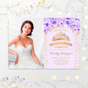 Quinceanera With Photo - Gold Purple Floral Invitation