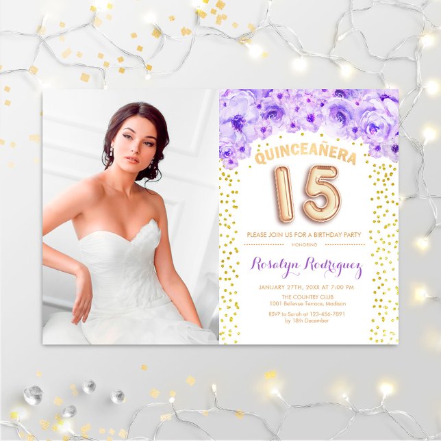 Quinceanera With Photo Gold Purple Floral Invitation (Creator Uploaded)