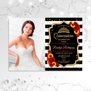 Quinceanera With Photo - Red Roses Sunflowers Invitation