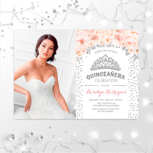 Quinceanera With Photo - Silver Pink Floral Invitation