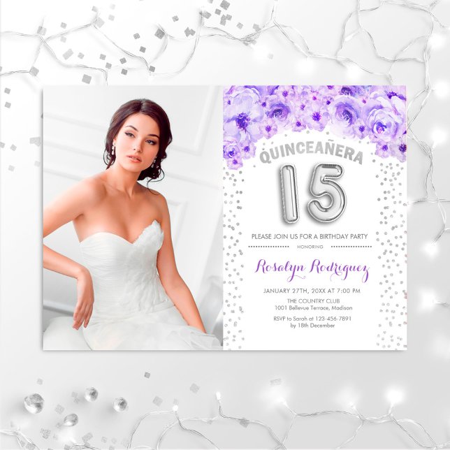 Quinceanera With Photo Silver Purple Floral Invitation (Creator Uploaded)