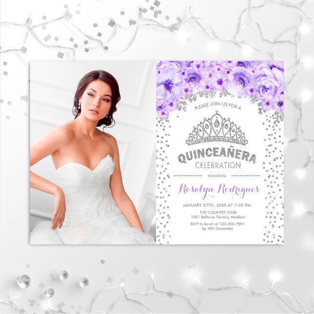 Quinceanera With Photo - Silver Purple White Invitation (Creator Uploaded)