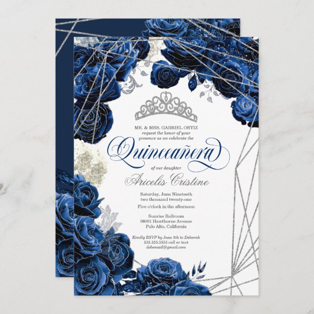Quinceañera with Royal Navy Blue Roses and Tiara   Invitation (Front/Back)