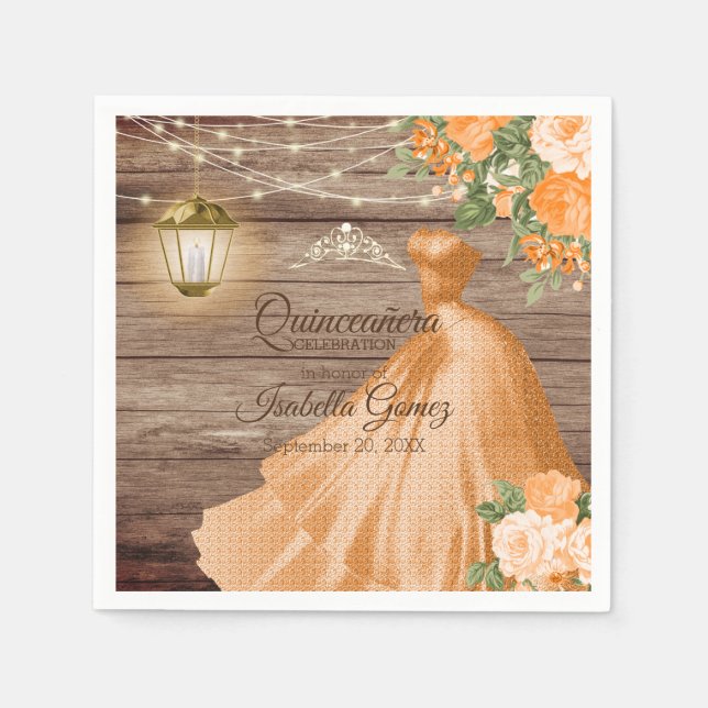 Quinceañera Wood and Orange Flowers Napkin (Front)