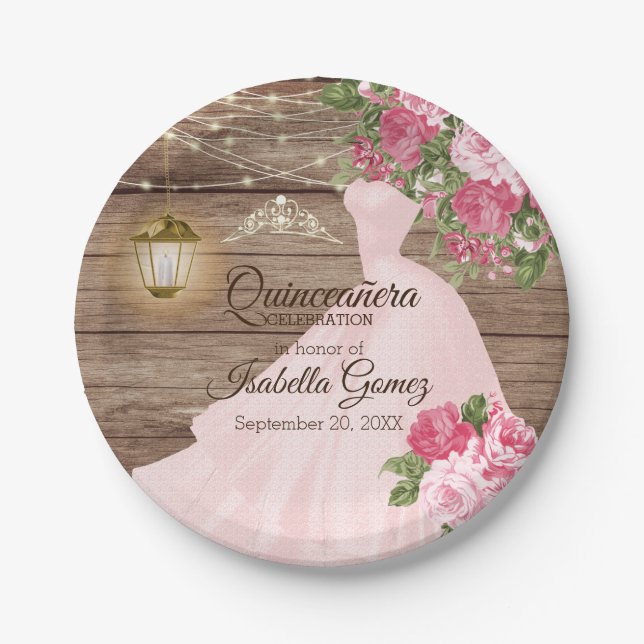 Quinceañera Wood and Pink Mauve Flowers Paper Plate (Front)