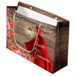 Quinceanera - Wood and Red Floral Large Gift Bag