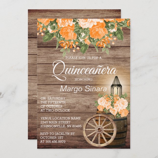Quinceañera Wood Barrel and Orange Flowers Invitation (Front/Back)