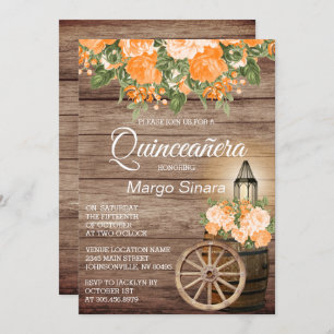 Quinceañera Wood Barrel and Orange Flowers Invitation