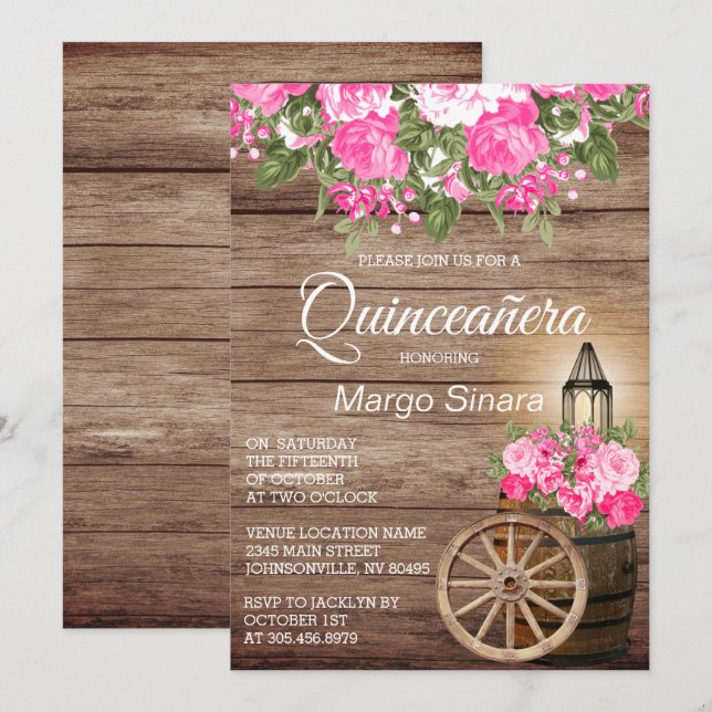 Quinceañera Wood Barrel and Pink Flowers Invitation (Front/Back)