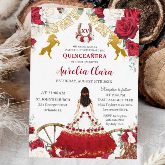 Quinceañera XV 15 Charro Red White Floral Horses Invitation (quinceanera-mis-quince-charro-western-boots-horses-red-roses-floral-princess-dress-birthday-invite)